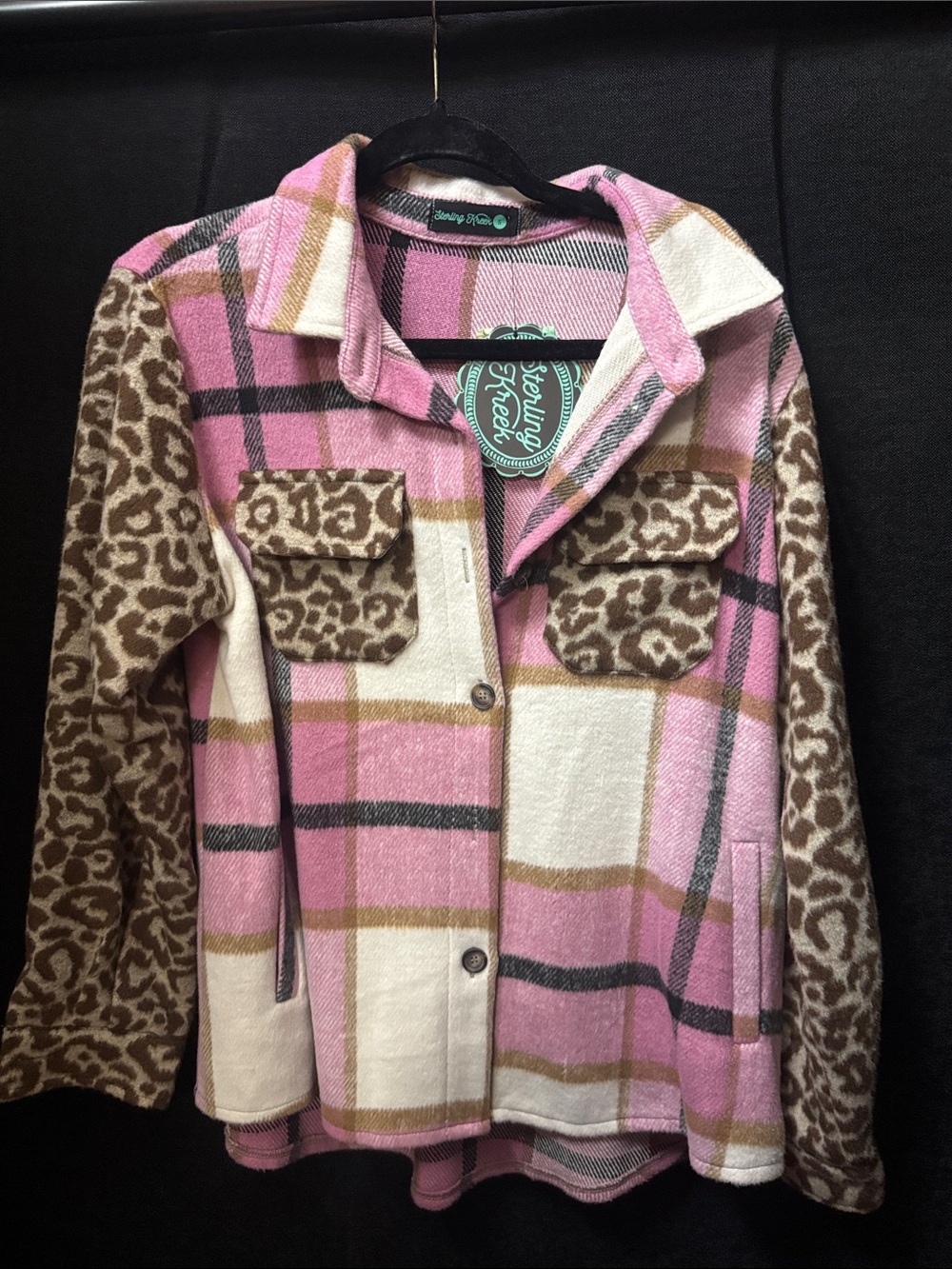 Women’s Pink Plaid & Leopard Print Shacket by Sterling Kreek
